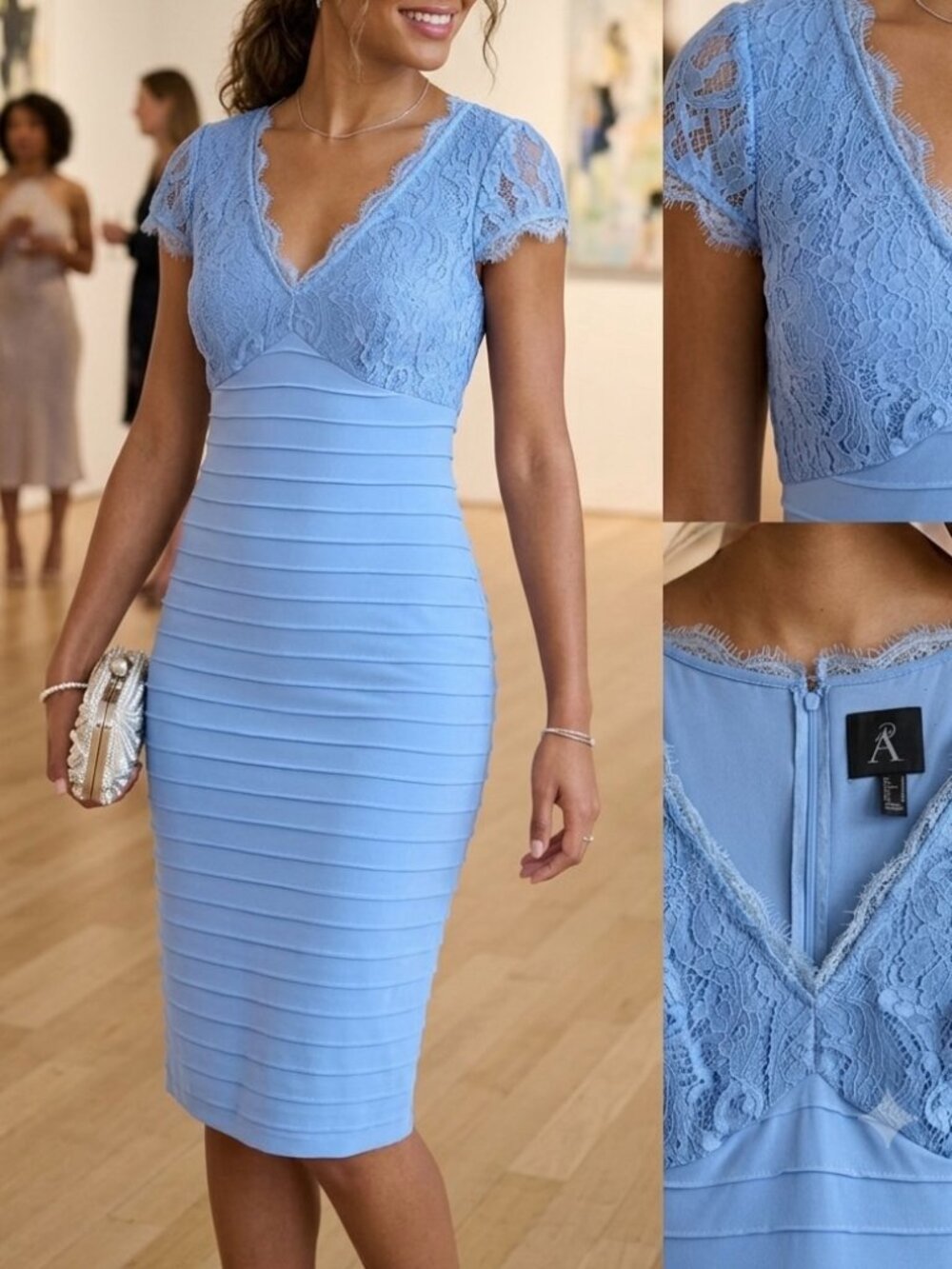 Adrianna Papell Blue Lace Top Tiered Sheath Dress Sz 6 Wedding Guest Eveningwear